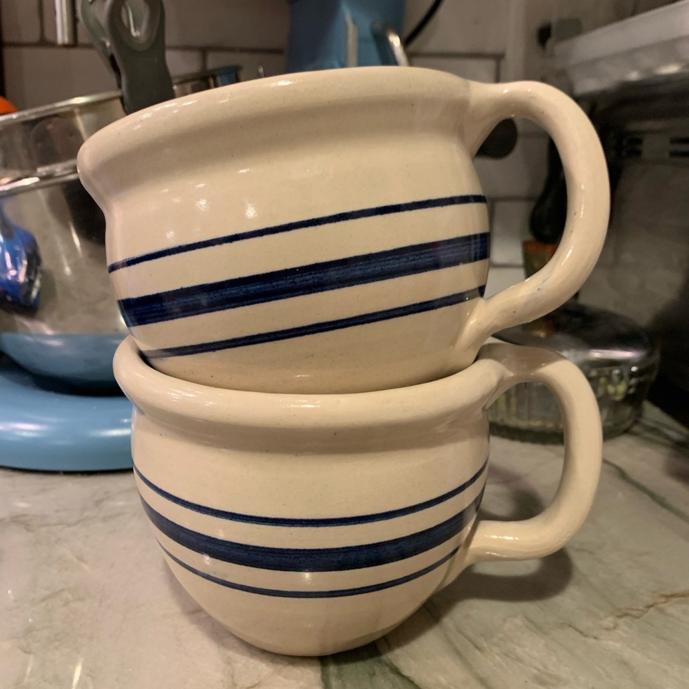 Pair of Shaker & Things Pottery Marshall TX Crock-Style Blue Striped Large Mugs